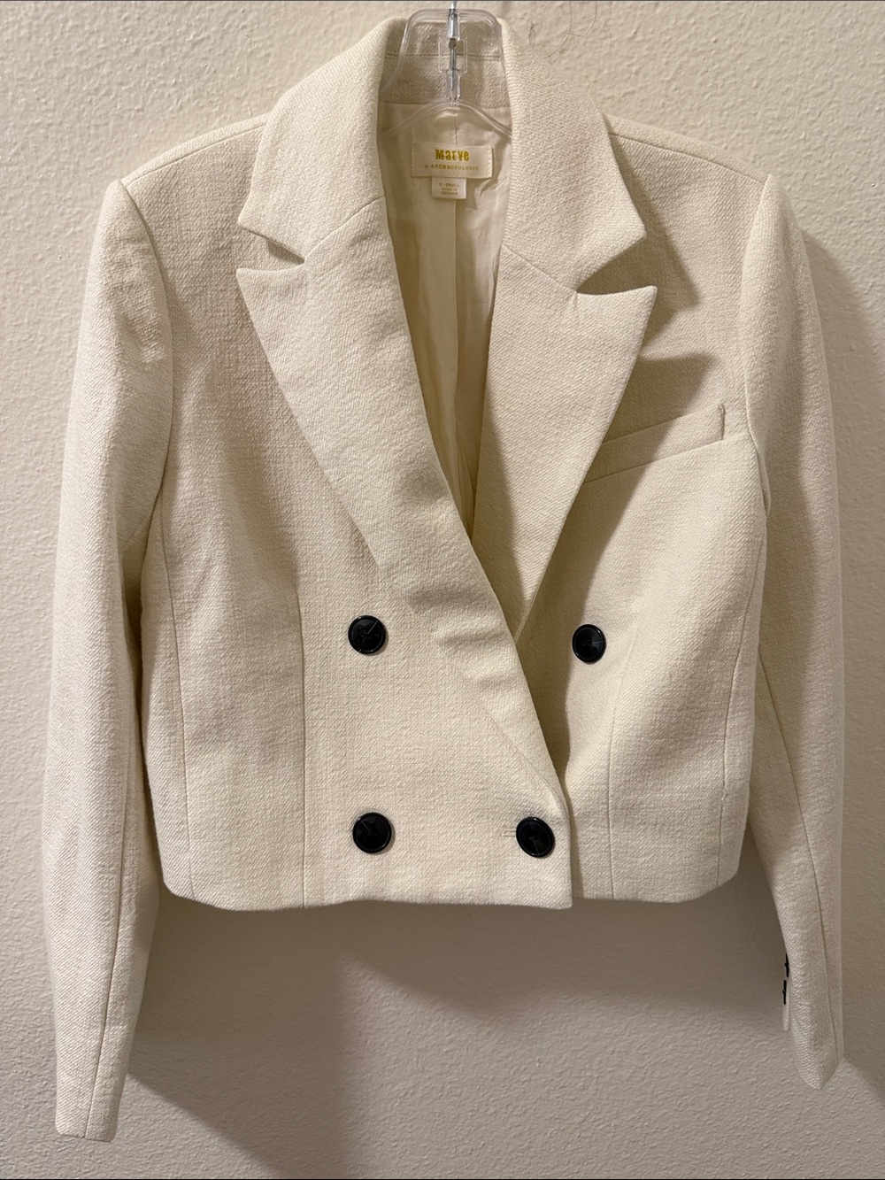 Maeve Cream Double-Breasted Cropped Blazer with Black Buttons